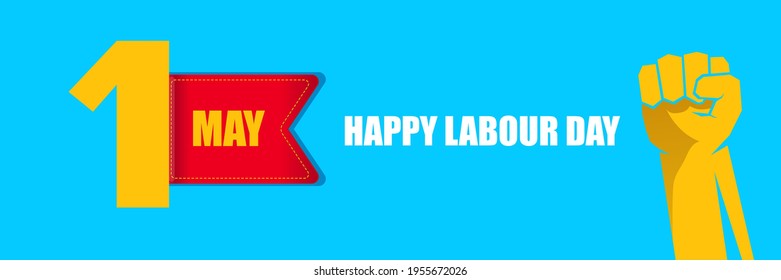 Happy labour day vector label with strong orange fist on blue horizontal background. vector happy labor day background or horizontal banner with man hand. workers may day poster
