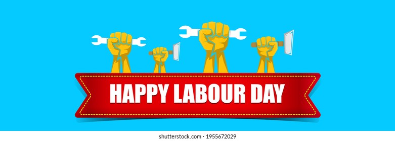 Etiqueta del vector feliz día laboral con puño naranja fuerte sobre fondo horizontal azul. fondo del día de trabajo feliz vector o banner horizontal con mano de hombre. afiche del día del trabajador