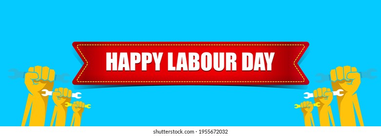 Etiqueta del vector feliz día laboral con puño naranja fuerte sobre fondo horizontal azul. fondo del día de trabajo feliz vector o banner horizontal con mano de hombre. afiche del día del trabajador