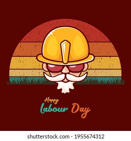 Feliz día del trabajo etiqueta vectorial con el trabajador funky en el fondo vintage. fondo del día del trabajo feliz vectorial o cartel con el hombre. afiche del día del trabajador