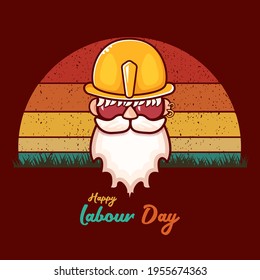 Feliz día del trabajo etiqueta vectorial con el trabajador funky en el fondo vintage. fondo del día del trabajo feliz vectorial o cartel con el hombre. afiche del día del trabajador