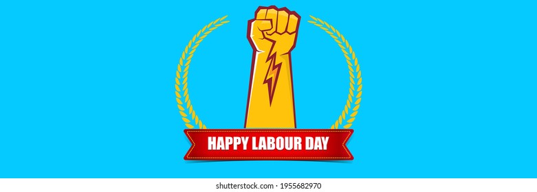 Etiqueta del vector feliz día laboral con puño naranja fuerte sobre fondo horizontal azul. fondo del día de trabajo feliz vector o banner horizontal con mano de hombre. afiche del día del trabajador