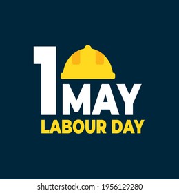 Happy labour day vector label, poster, social media post with yellow hard hats or helmet illustration on blue background.1st may workers day poster