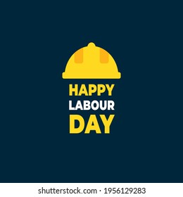 Happy labour day vector label, poster, social media post with yellow hard hats or helmet illustration on blue background.1st may workers day poster