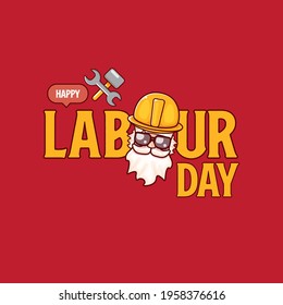 Happy labour day vector label with funky worker on red background. vector happy labor day background or banner with man. workers may day cartoon graphic poster design template