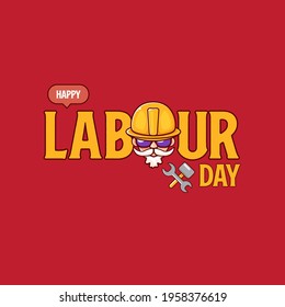 Happy labour day vector label with funky worker on red background. vector happy labor day background or banner with man. workers may day cartoon graphic poster design template