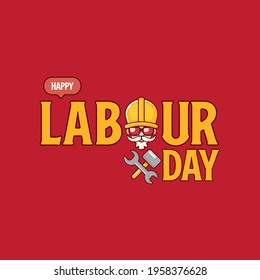 Happy labour day vector label with funky worker on red background. vector happy labor day background or banner with man. workers may day cartoon graphic poster design template