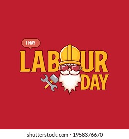 Happy labour day vector label with funky worker on red background. vector happy labor day background or banner with man. workers may day cartoon graphic poster design template