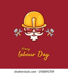 Happy labour day vector label with funky worker on red background. vector happy labor day background or banner with man. workers may day cartoon graphic poster design template