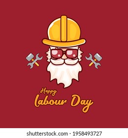 Happy labour day vector label with funky worker on red background. vector happy labor day background or banner with man. workers may day cartoon graphic poster design template