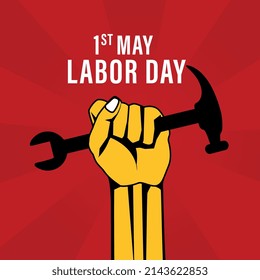 Happy labour day vector label with strong orange fist on red background. vector happy labor day background or banner with man hand. red workers may day poster.