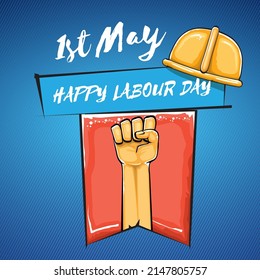 Happy labour day vector label with strong orange fist isolated on blue background. vector happy labor day background with man hand. red workers may day poster