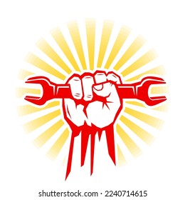 Happy labour day vector label with red fist with wrench on sunrise. Vector template for poster, greeting card on transpatent background