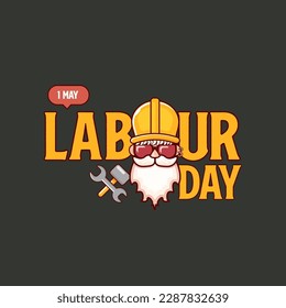 Etiqueta de vector feliz día laboral con trabajador funky en fondo gris. fondo del día del trabajo feliz vectorial o cartel con el hombre. plantilla de diseño de afiches gráficos de caricatura de los trabajadores
