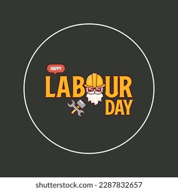 Happy labour day vector label with funky worker on grey background. vector happy labor day background or banner with man. workers may day cartoon graphic poster design template