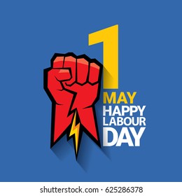 Happy labour day vector label with strong red fist on blue background. vector happy labor day background or banner with man hand. workers day poster