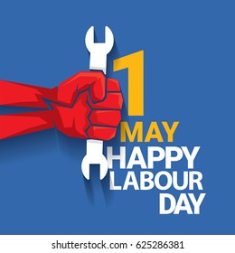 Happy labour day vector label with strong red fist on blue background. vector happy labor day background or banner with man hand. workers day poster