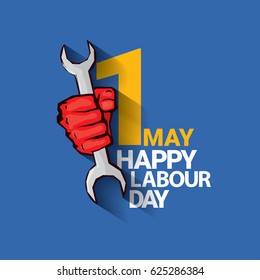 Happy labour day vector label with strong red fist on blue background. vector happy labor day background or banner with man hand. workers day poster