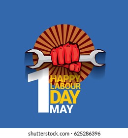 Happy labour day vector label with strong red fist on blue background. vector happy labor day background or banner with man hand. workers day poster
