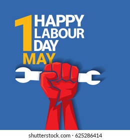 Happy labour day vector label with strong red fist on blue background. vector happy labor day background or banner with man hand. workers day poster