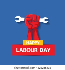 Happy labour day vector label with strong red fist on blue background. vector happy labor day background or banner with man hand. workers day poster