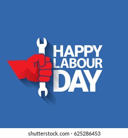 Happy labour day vector label with strong red fist on blue background. vector happy labor day background or banner with man hand. workers day poster