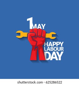 Happy labour day vector label with strong red fist on blue background. vector happy labor day background or banner with man hand. workers day poster