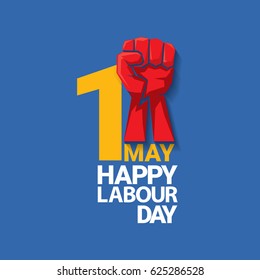 Happy labour day vector label with strong red fist on blue background. vector happy labor day background or banner with man hand. workers day poster