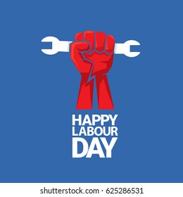 Happy labour day vector label with strong red fist on blue background. vector happy labor day background or banner with man hand. workers day poster