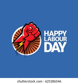 Happy labour day vector label with strong red fist on blue background. vector happy labor day background or banner with man hand. workers day poster