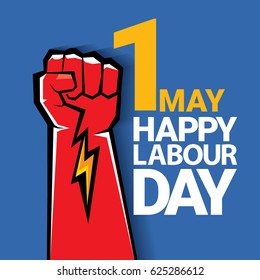 Happy labour day vector label with strong red fist on blue background. vector happy labor day background or banner with man hand. workers day poster