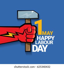 Happy labour day vector label with strong red fist on blue background. vector happy labor day background or banner with man hand. workers day poster