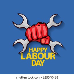Happy labour day vector label with strong red fist on blue background. vector happy labor day background or banner with man hand. workers day poster