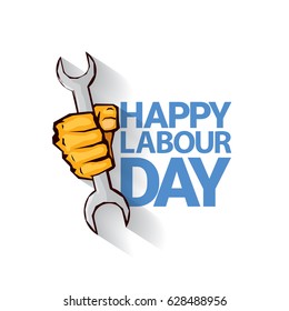 Happy labour day vector label with strong orange fist isolated on white background. vector happy labor day background or banner with man hand. workers day poster