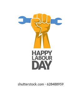 Happy labour day vector label with strong orange fist isolated on white background. vector happy labor day background or banner with man hand. workers day poster