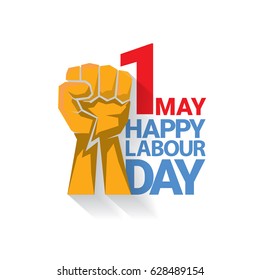 Happy labour day vector label with strong orange fist isolated on white background. vector happy labor day background or banner with man hand. workers day poster