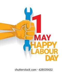 Happy labour day vector label with strong orange fist isolated on white background. vector happy labor day background or banner with man hand. workers day poster
