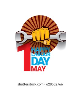 Happy labour day vector label with strong orange fist isolated on white background. vector happy labor day background or banner with man hand. workers day poster