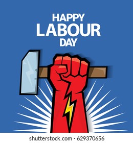 Happy labour day vector label with strong red fist on blue background. vector happy labor day background or banner with man hand. workers day poster