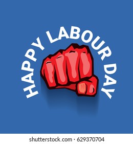 Happy labour day vector label with strong red fist on blue background. vector happy labor day background or banner with man hand. workers day poster