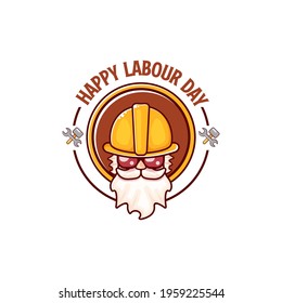 Happy labour day vector logo, label or stamp with funky worker on white  background. vector happy labor day background or banner with man. workers may day poster