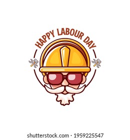 Happy labour day vector logo, label or stamp with funky worker on white  background. vector happy labor day background or banner with man. workers may day poster