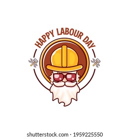Happy labour day vector logo, label or stamp with funky worker on white  background. vector happy labor day background or banner with man. workers may day poster