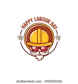 Happy labour day vector logo, label or stamp with funky worker on white  background. vector happy labor day background or banner with man. workers may day poster