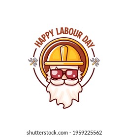 Happy labour day vector logo, label or stamp with funky worker on white  background. vector happy labor day background or banner with man. workers may day poster