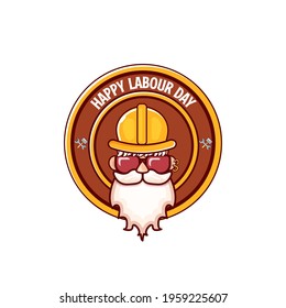 Happy labour day vector logo, label or stamp with funky worker on white  background. vector happy labor day background or banner with man. workers may day poster