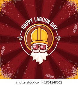 Happy labour day vector logo, label or stamp with funky worker on red background with rays. vector happy labor day background or banner with man. workers may day poster