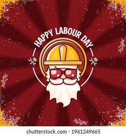 Happy labour day vector logo, label or stamp with funky worker on red background with rays. vector happy labor day background or banner with man. workers may day poster