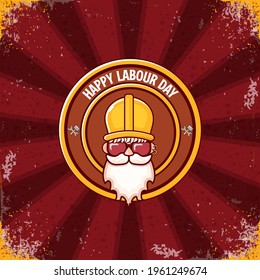 Happy labour day vector logo, label or stamp with funky worker on red background with rays. vector happy labor day background or banner with man. workers may day poster