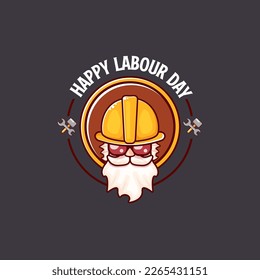 Happy labour day vector logo, label or stamp with funky worker on grey background. vector happy labor day background or banner with man. workers may day poster